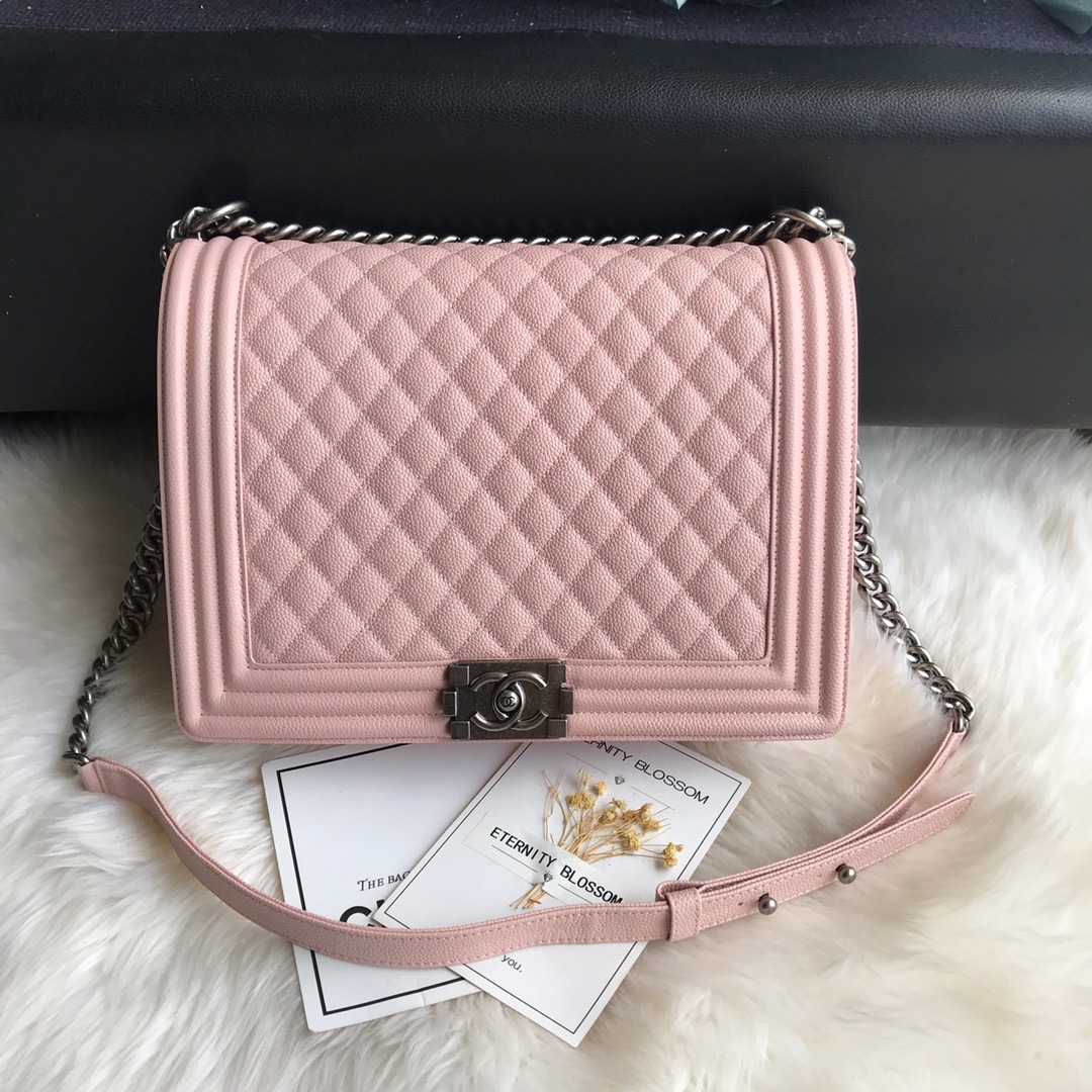 Caviar Large Boy Handbag Flap Bag A92193 Pink/Silver